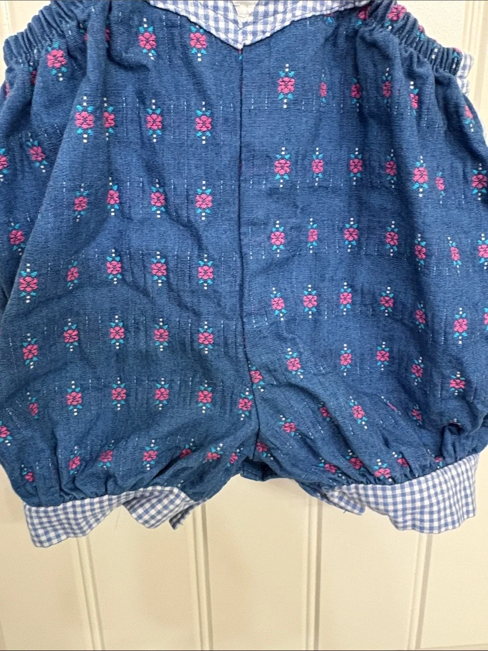 Vintage OshKosh B'gosh‎ Denim-Style Blue Floral Gingham Bubble Romper